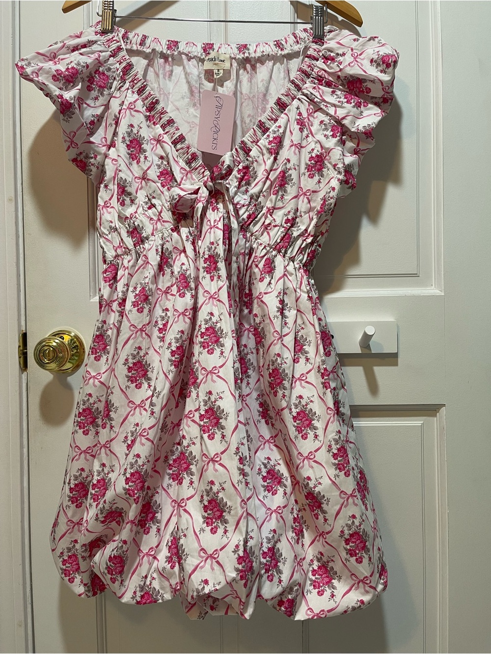 Peach Love California White and Pink Floral Ruffle-Tie Dress NWT